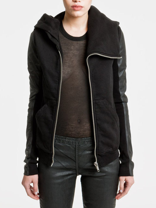 Black Dark Mountain Women Asymmetric Zip Collar Cotton Fleece Hoodie Leather Sleeves Sweatshirt - Ofelya Boutique