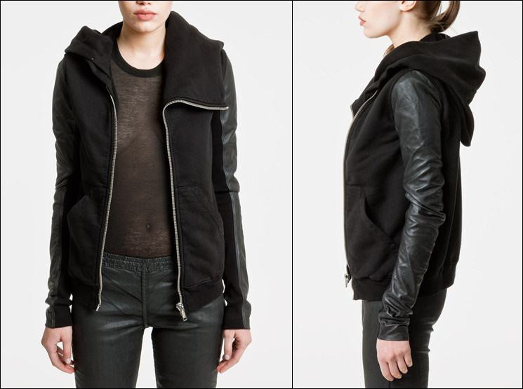 Black Dark Mountain Women Asymmetric Zip Collar Cotton Fleece Hoodie Leather Sleeves Sweatshirt - Ofelya Boutique