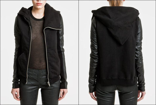 Dark Mountain Women Assimetric Zip Collar Cotton Fleece Hoodie Leather Sleeves Sweatshirt - Ofelya Boutique