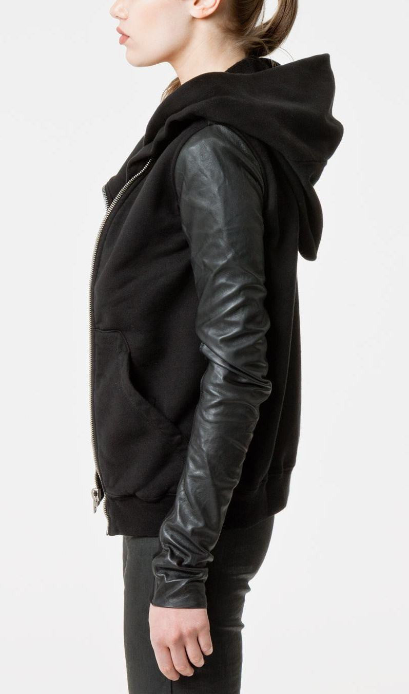 Black Dark Mountain Women Asymmetric Zip Collar Cotton Fleece Hoodie Leather Sleeves Sweatshirt - Ofelya Boutique