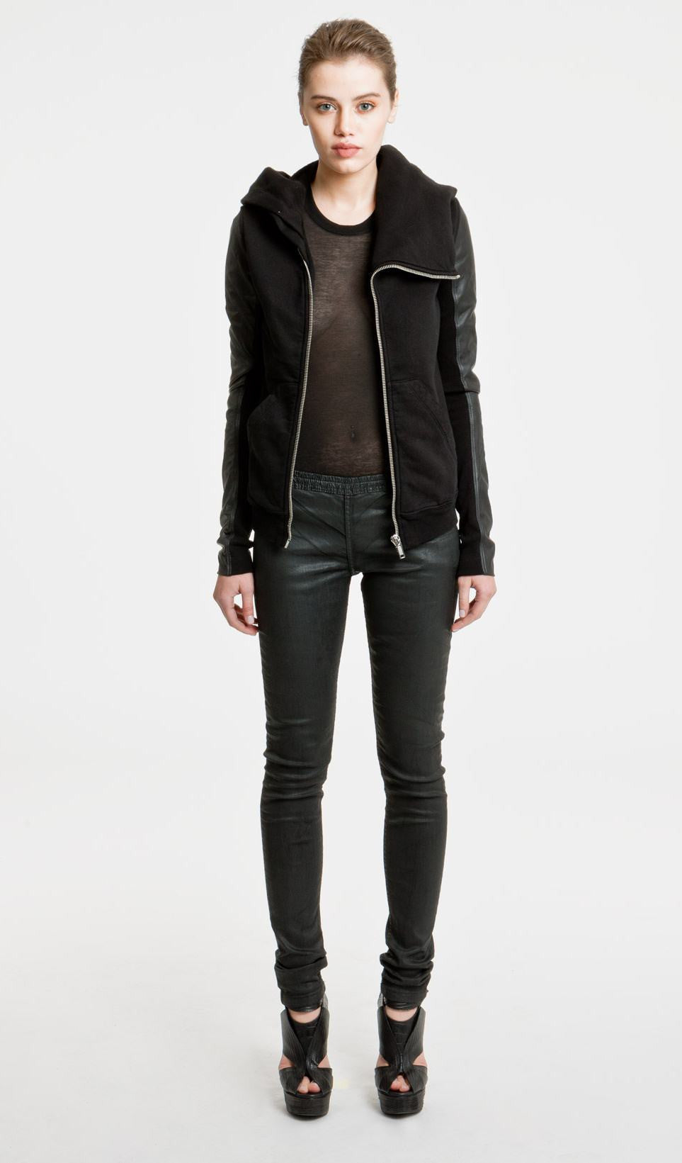Dark Mountain Women Assimetric Zip Collar Cotton Fleece Hoodie Leather Sleeves Sweatshirt - Ofelya Boutique