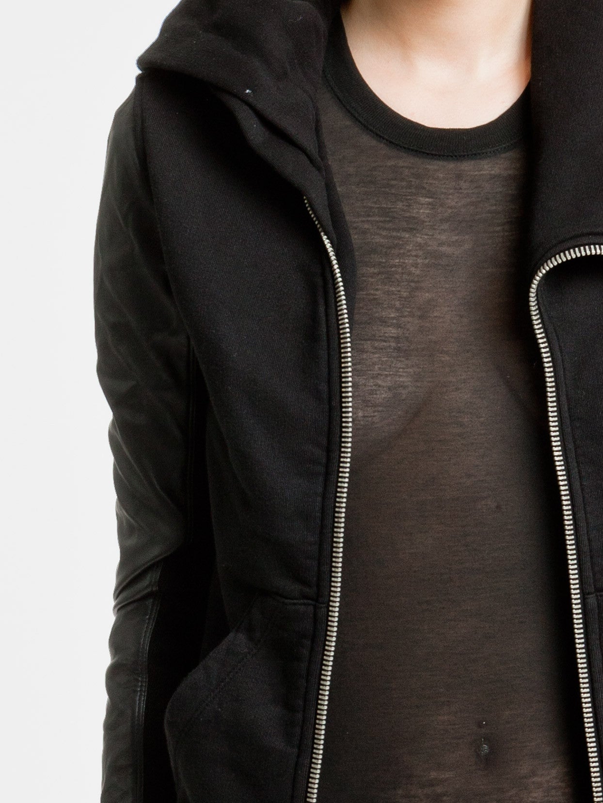 Dark Mountain Women Assimetric Zip Collar Cotton Fleece Hoodie Leather Sleeves Sweatshirt - Ofelya Boutique