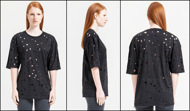 Short Sleeve Round Neck Perforated Destroyed & Slashed Viscose Tshirt - Ofelya Boutique