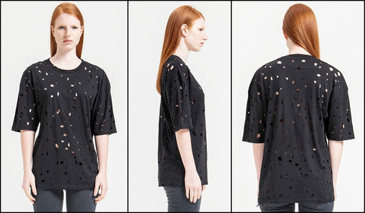 Short Sleeve Round Neck Perforated Destroyed & Slashed Viscose Tshirt - Ofelya Boutique