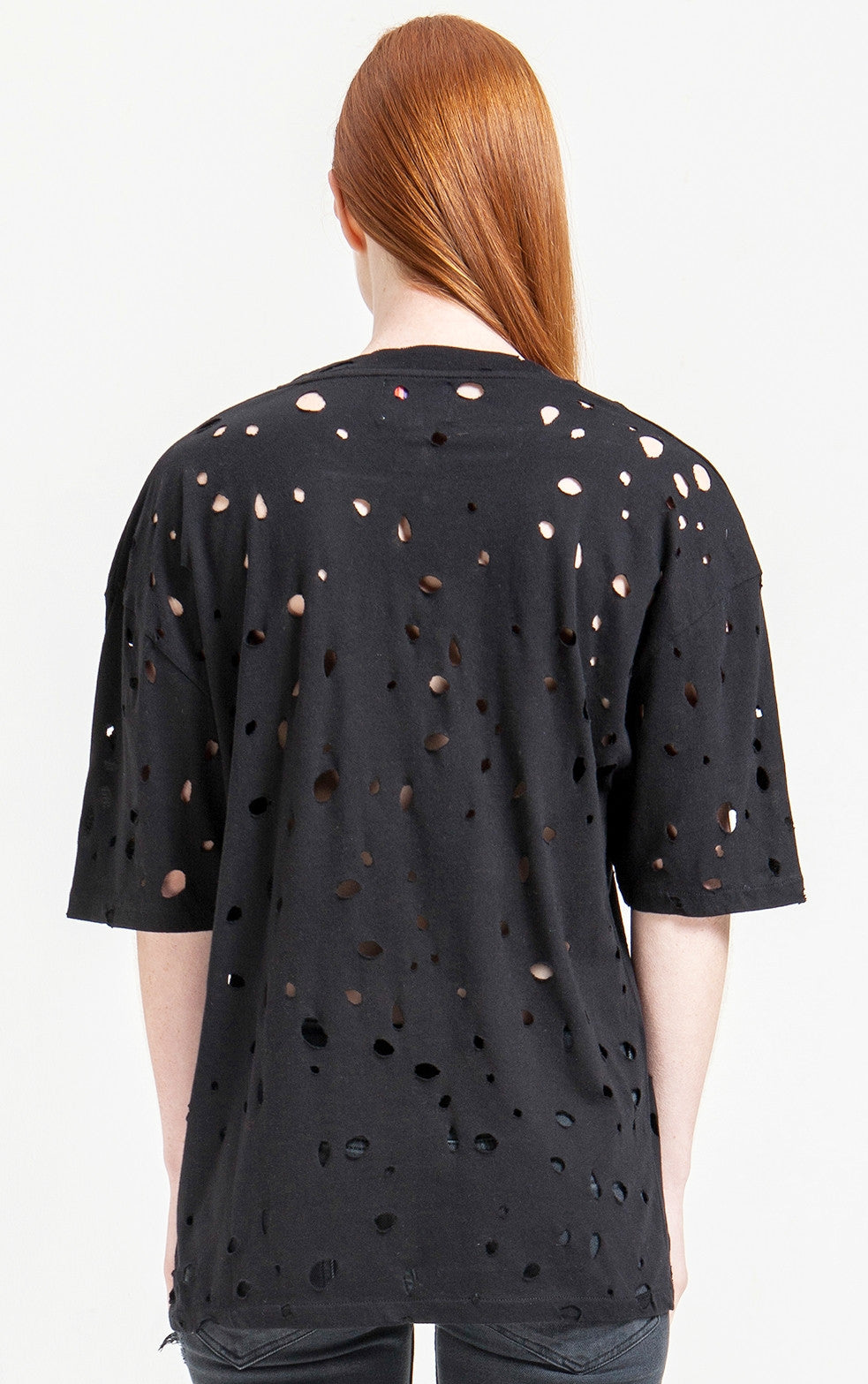 Short Sleeve Round Neck Perforated Destroyed & Slashed Viscose Tshirt - Ofelya Boutique