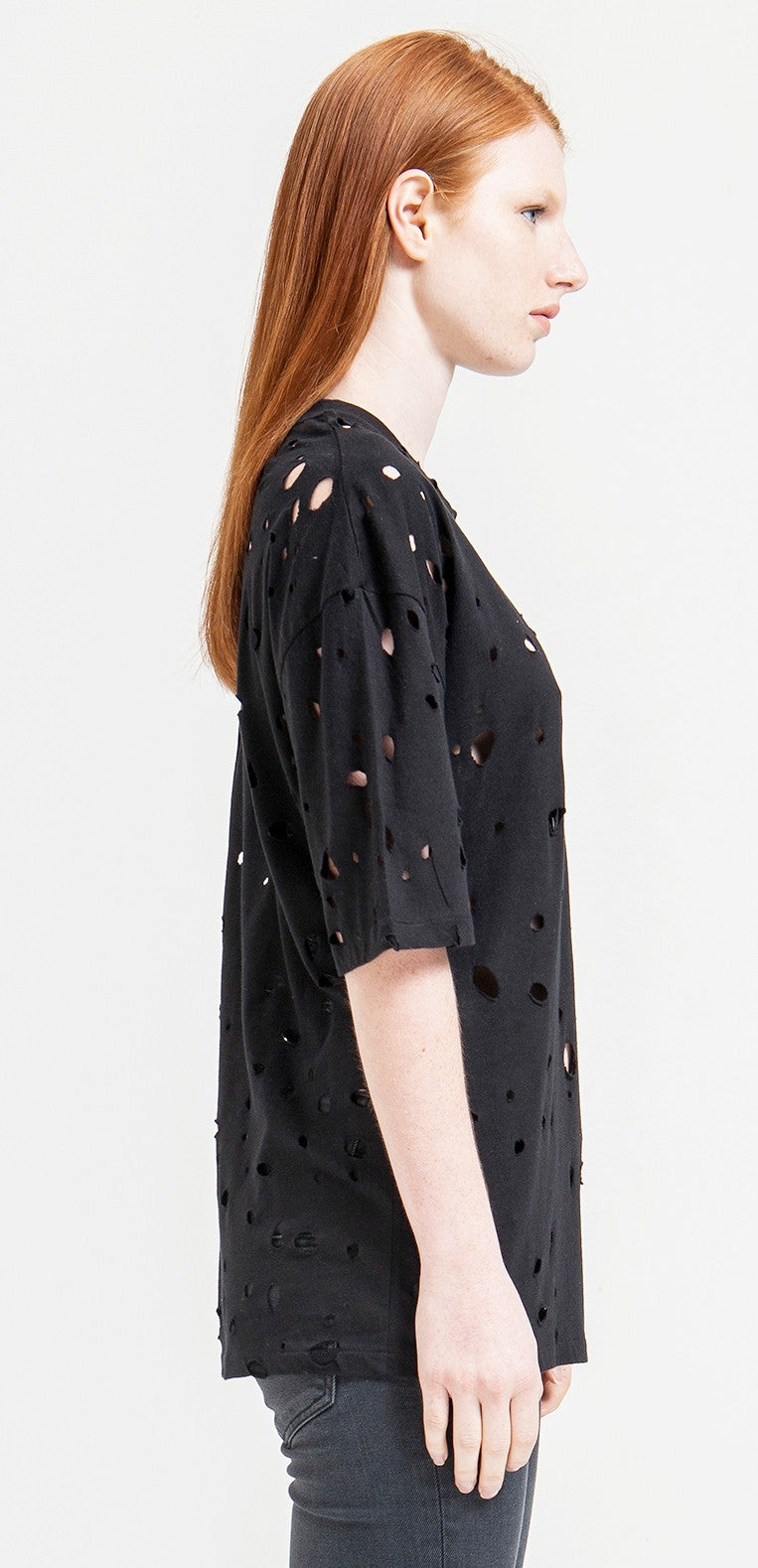 Short Sleeve Round Neck Perforated Destroyed & Slashed Viscose Tshirt - Ofelya Boutique