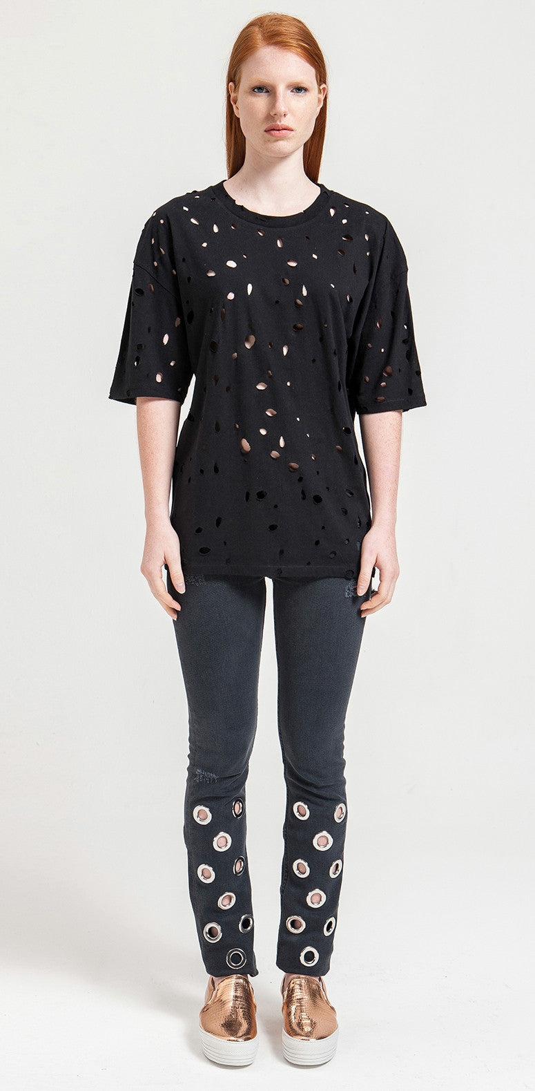 Short Sleeve Round Neck Perforated Destroyed & Slashed Viscose Tshirt - Ofelya Boutique