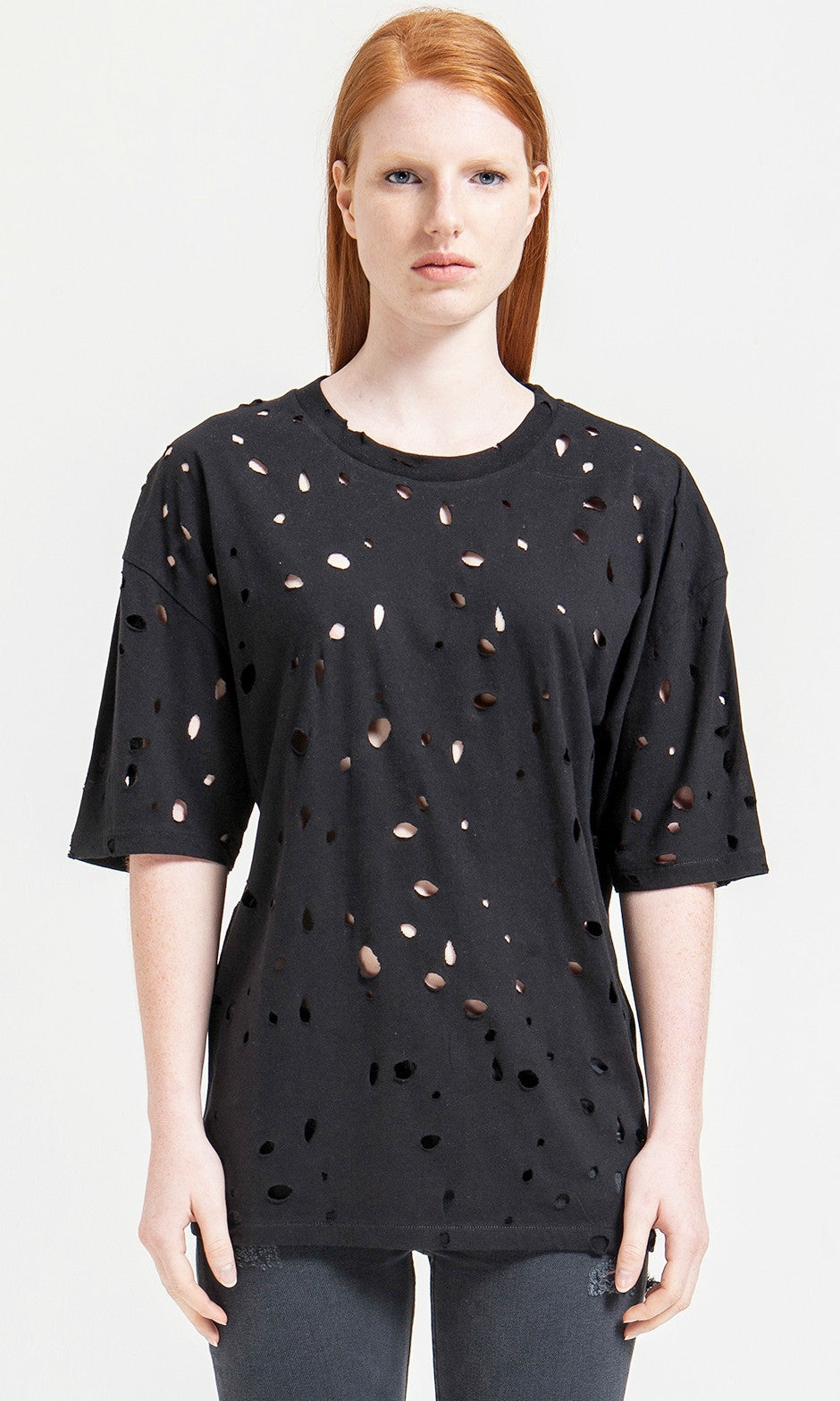 Short Sleeve Round Neck Perforated Destroyed & Slashed Viscose Tshirt - Ofelya Boutique