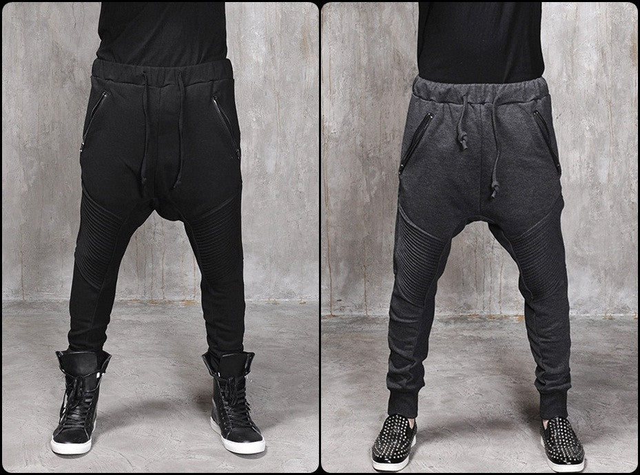 Men Slim-Fit Biker Drop Crotch Dual Zip Pants Essential Pintuck - Ofelya Boutique