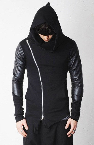 Asymmetric Zip Cowl Zip-up Hooded Leather Mix Jersey Jacket - Ofelya Boutique
