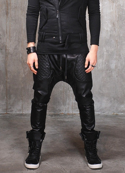 Biker Drop Crotch Dark Quilted Faux Leather Harem Pants  / Streetwear / Loose Dark Black Shadow - Ofelya Boutique