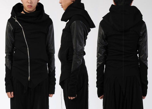 Asymmetric Zip Cowl Zip-up Hooded Leather Mix Jersey Jacket - Ofelya Boutique