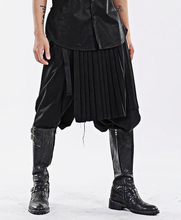 Dark Black Men's Pleats Wrap Skirt //  Wear it with Drop Crotch Pants - Ofelya Boutique