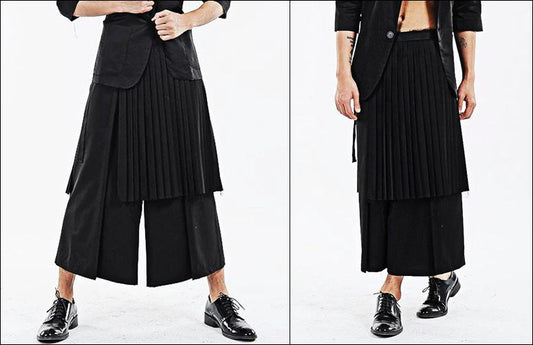 Dark Black Men's Pleats Wrap Skirt //  Wear it with Drop Crotch Pants - Ofelya Boutique