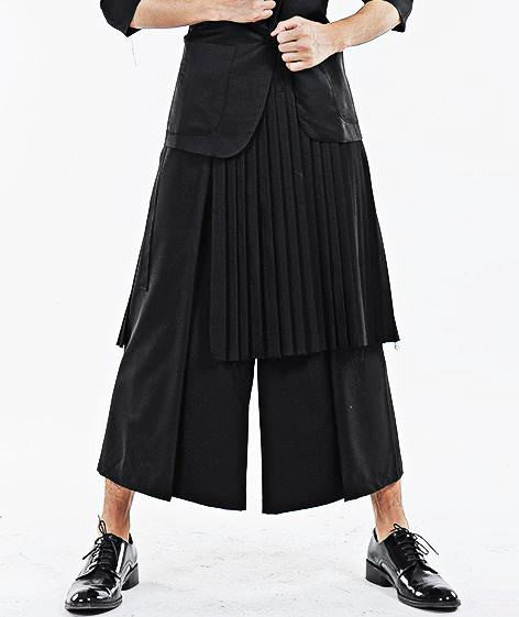 Dark Black Men's Pleats Wrap Skirt //  Wear it with Drop Crotch Pants - Ofelya Boutique