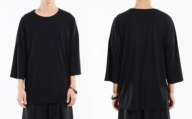 Japanese Oversized 3/4 Sleeve Samurai Shoulder Crop Viscose T-Shirt - Ofelya Boutique
