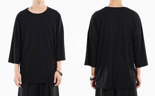 Japanese Oversized 3/4 Sleeve Samurai Shoulder Crop Viscose T-Shirt - Ofelya Boutique