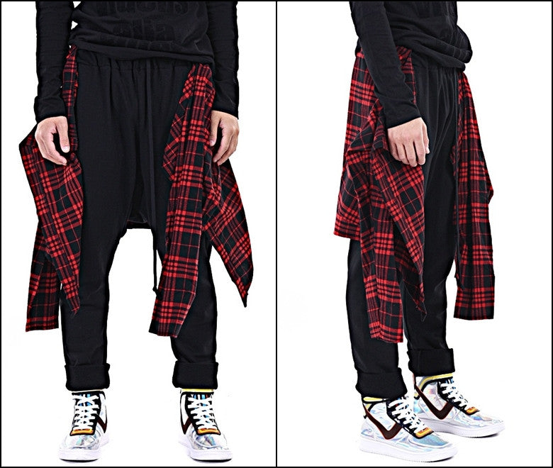 Dark Skirt Flannel Layer Men's Loose Casual Drop Crotch Harem Pants - Ofelya Boutique
