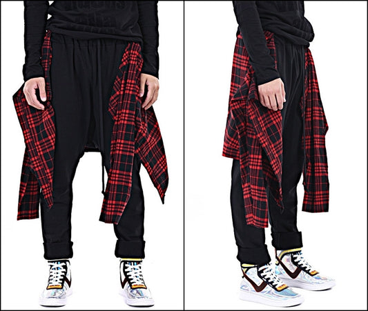 Dark Skirt Flannel Layer Men's Loose Casual Drop Crotch Harem Pants - Ofelya Boutique