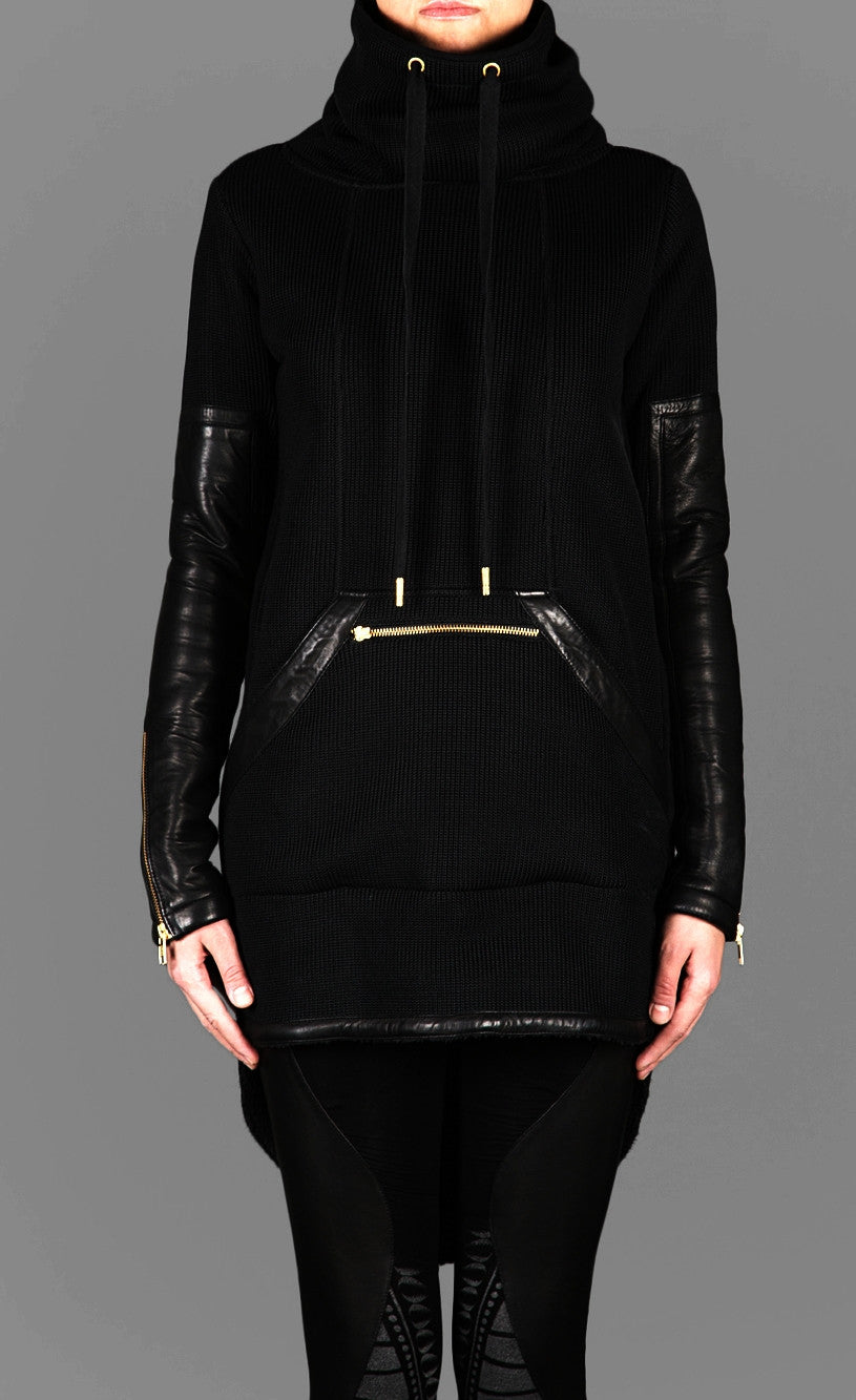 Exclusive Double Knit Zip Tunic With Faux Leather Trim Detail Back Long Hoodie Sweaters - Ofelya Boutique