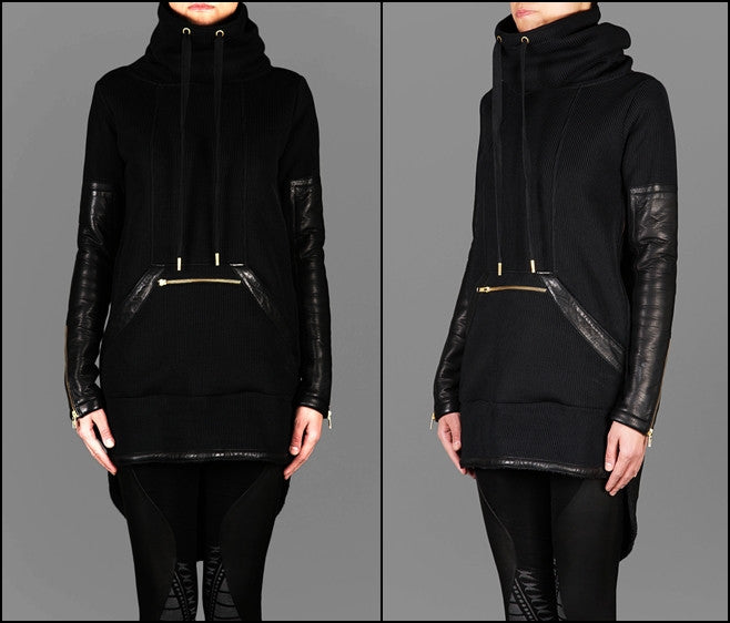 Exclusive Double Knit Zip Tunic With Faux Leather Trim Detail Back Long Hoodie Sweaters - Ofelya Boutique