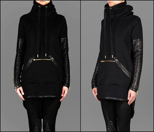 Exclusive Double Knit Zip Tunic With Faux Leather Trim Detail Back Long Hoodie Sweaters - Ofelya Boutique
