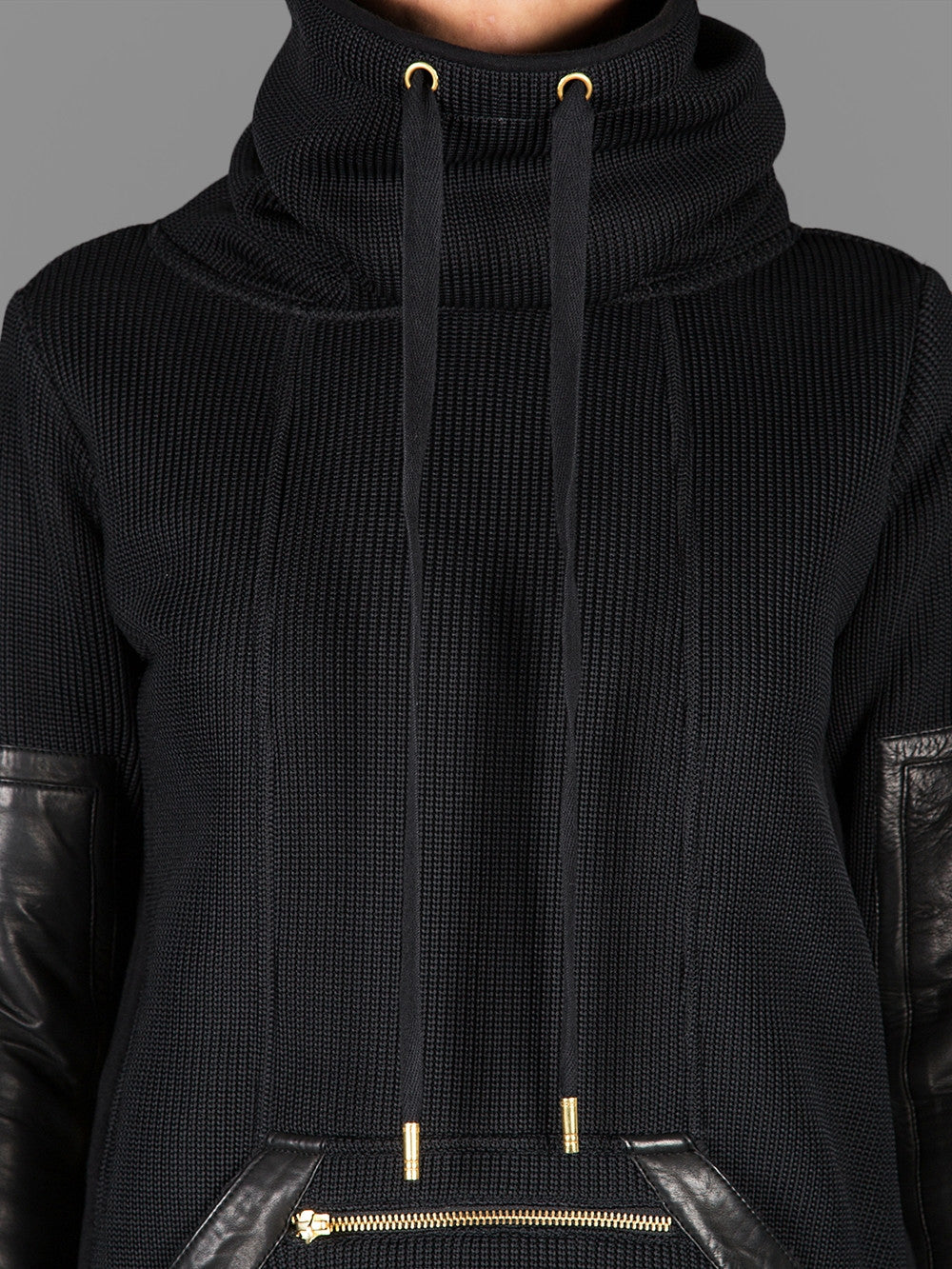 Exclusive Double Knit Zip Tunic With Faux Leather Trim Detail Back Long Hoodie Sweaters - Ofelya Boutique