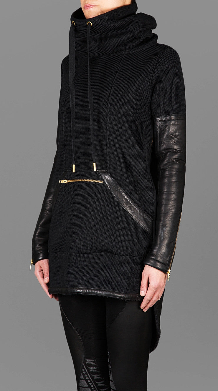 Exclusive Double Knit Zip Tunic With Faux Leather Trim Detail Back Long Hoodie Sweaters - Ofelya Boutique