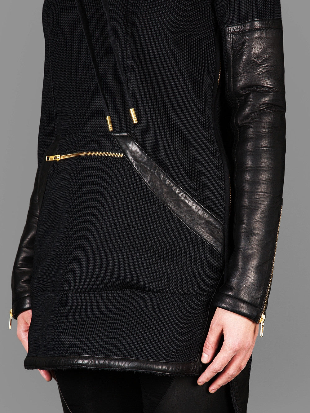 Exclusive Double Knit Zip Tunic With Faux Leather Trim Detail Back Long Hoodie Sweaters - Ofelya Boutique
