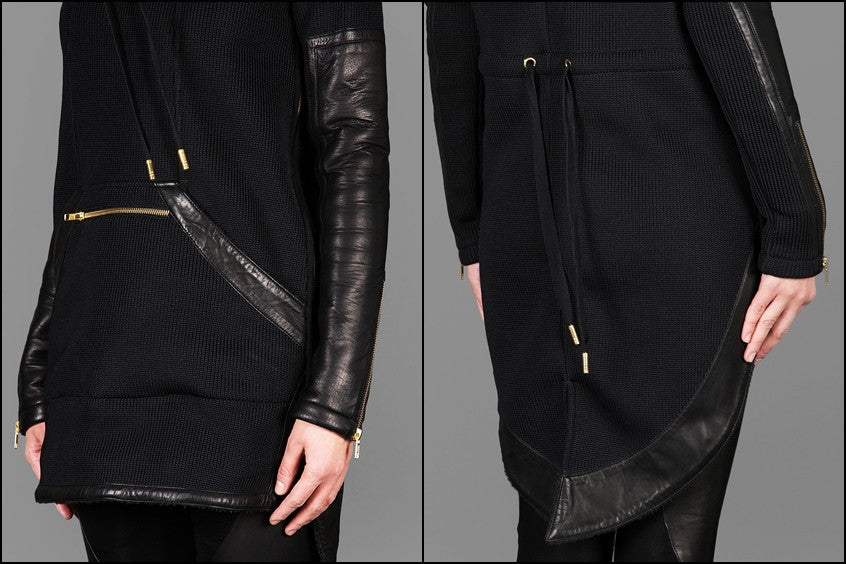 Exclusive Double Knit Zip Tunic With Faux Leather Trim Detail Back Long Hoodie Sweaters - Ofelya Boutique