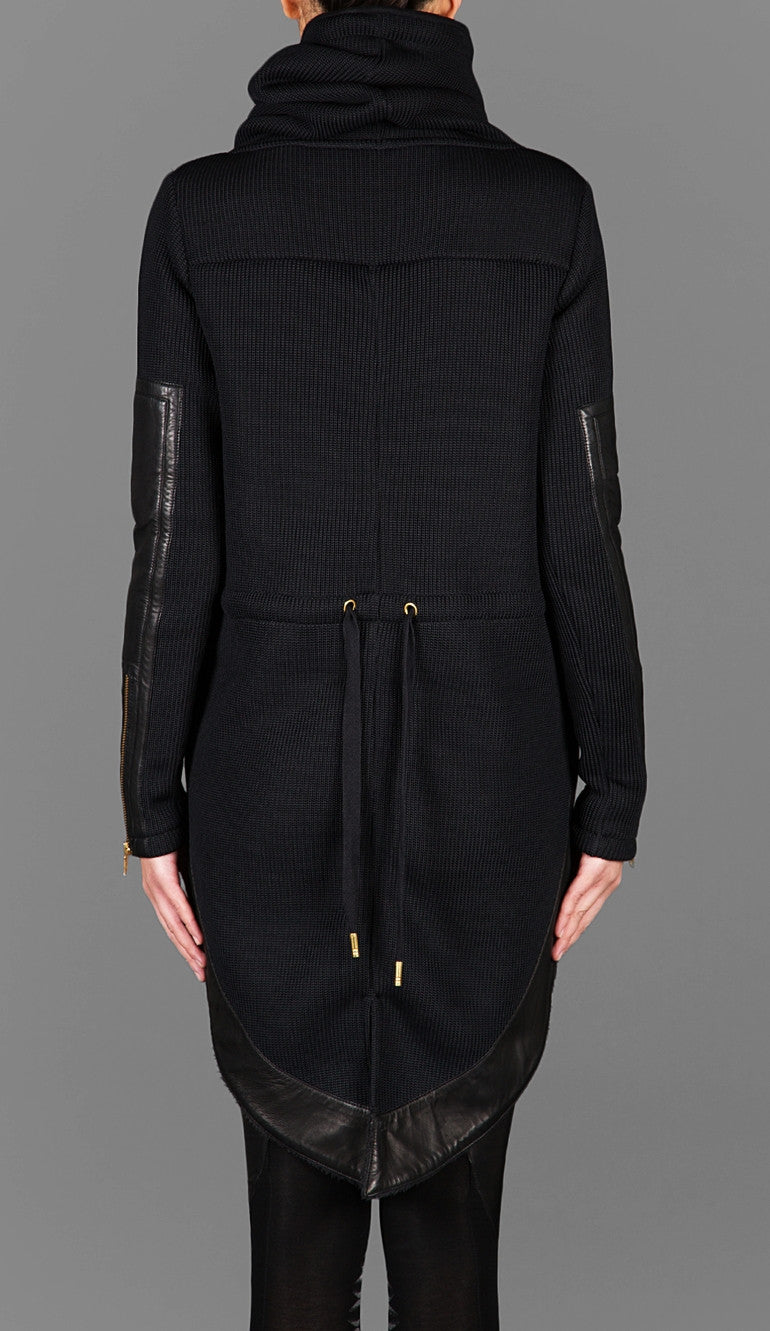 Exclusive Double Knit Zip Tunic With Faux Leather Trim Detail Back Long Hoodie Sweaters - Ofelya Boutique