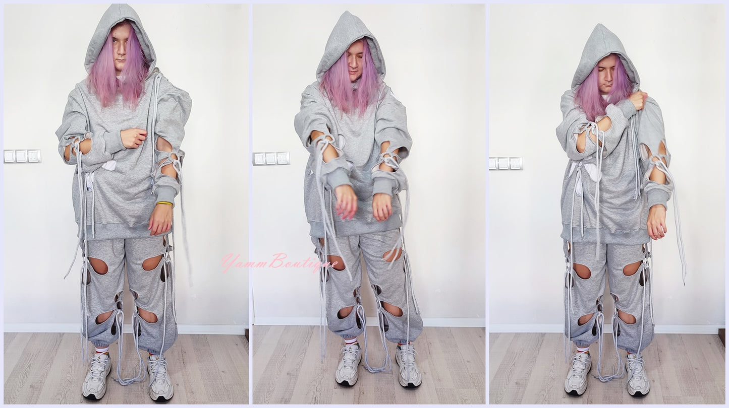 Women Hollow Floral Cut Asymmetric Tracksuit Hoodie and Jogger-BB156