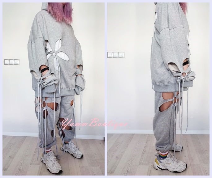 Women Hollow Floral Cut Asymmetric Tracksuit Hoodie and Jogger-BB156