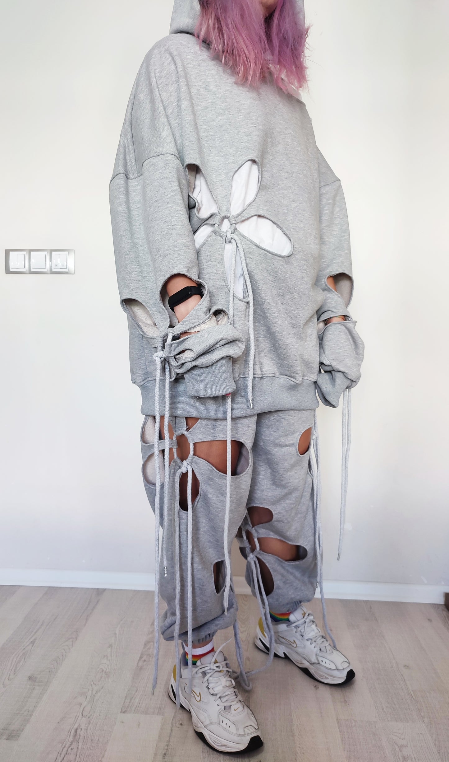 Women Hollow Floral Cut Asymmetric Tracksuit Hoodie and Jogger-BB156