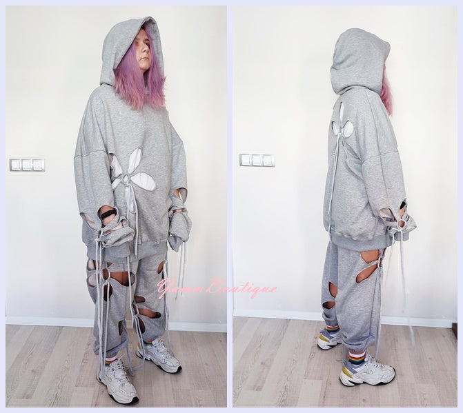 Women Hollow Floral Cut Asymmetric Tracksuit Hoodie and Jogger-BB156