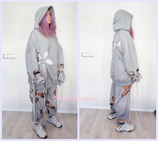 Women Hollow Floral Cut Asymmetric Tracksuit Hoodie and Jogger-BB156