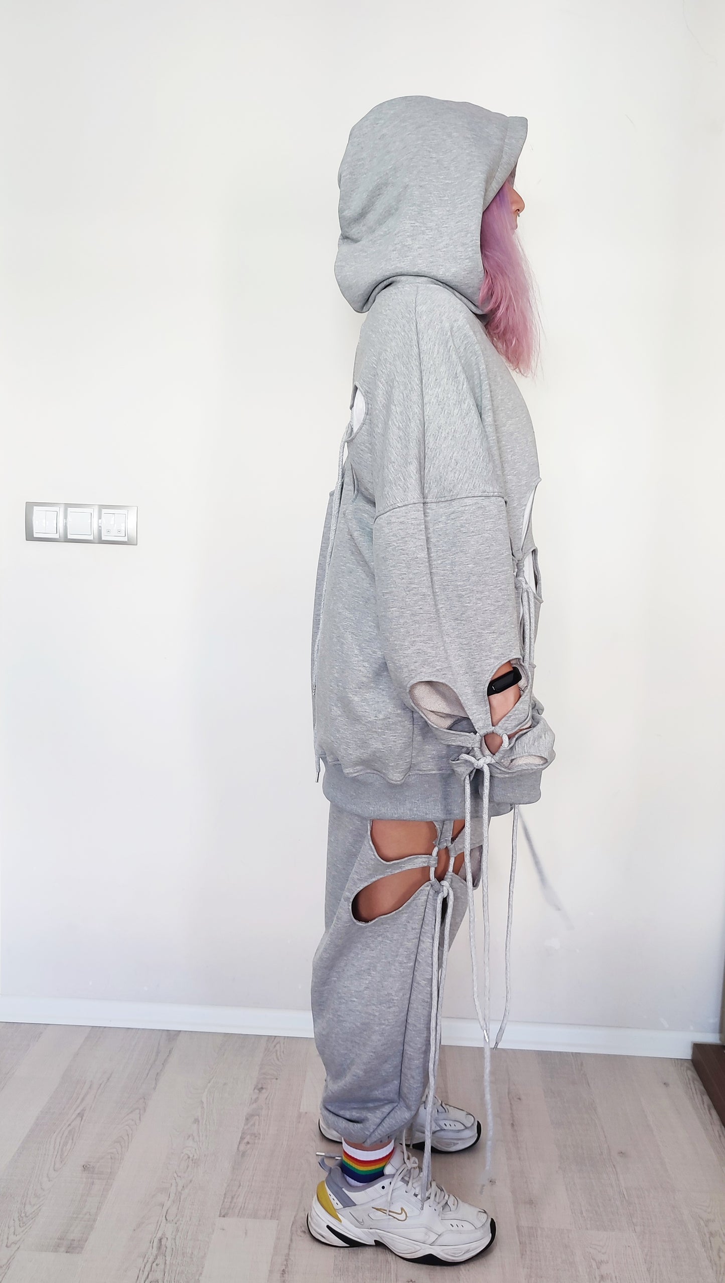 Women Hollow Floral Cut Asymmetric Tracksuit Hoodie and Jogger-BB156
