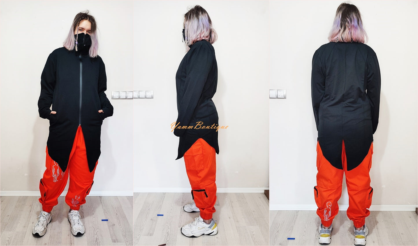 High Neck Full Zip Goth Jacket,Long Asymmetric Steampunk Cardigan