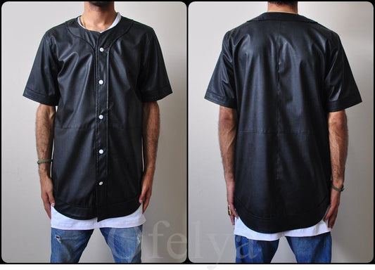 Leather Baseball Jersey Button Closure Shirt   - - Ofelya Boutique