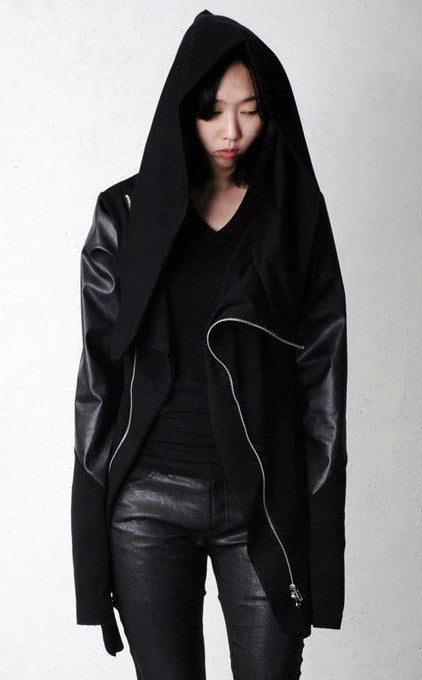 Asymmetric Zip Cowl Zip-up Hooded Leather Mix Jersey Jacket - Ofelya Boutique