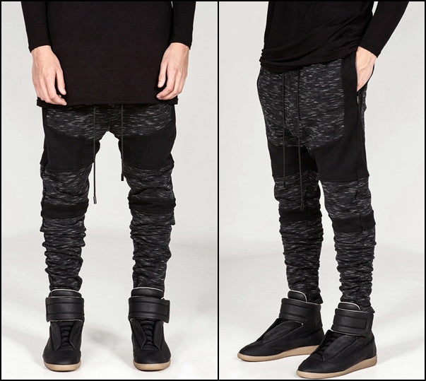 Men Biker Drop Crotch Shadow Joggers - Black Panel Elastic Band Trouser - Ofelya Boutique