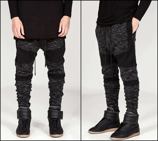 Men Biker Drop Crotch Shadow Joggers - Black Panel Elastic Band Trouser - Ofelya Boutique