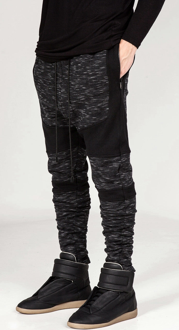 Men Biker Drop Crotch Shadow Joggers - Black Panel Elastic Band Trouser - Ofelya Boutique