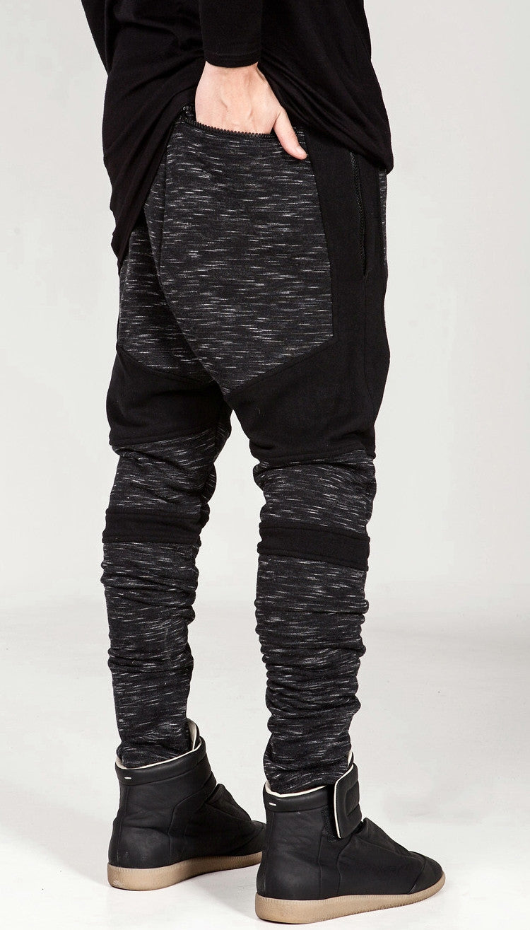 Men Biker Drop Crotch Shadow Joggers - Black Panel Elastic Band Trouser - Ofelya Boutique