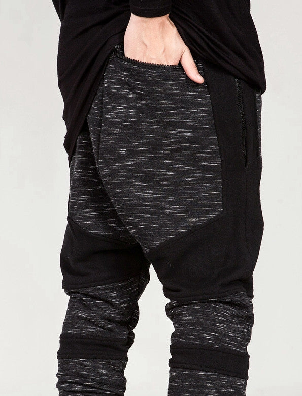 Men Biker Drop Crotch Shadow Joggers - Black Panel Elastic Band Trouser - Ofelya Boutique