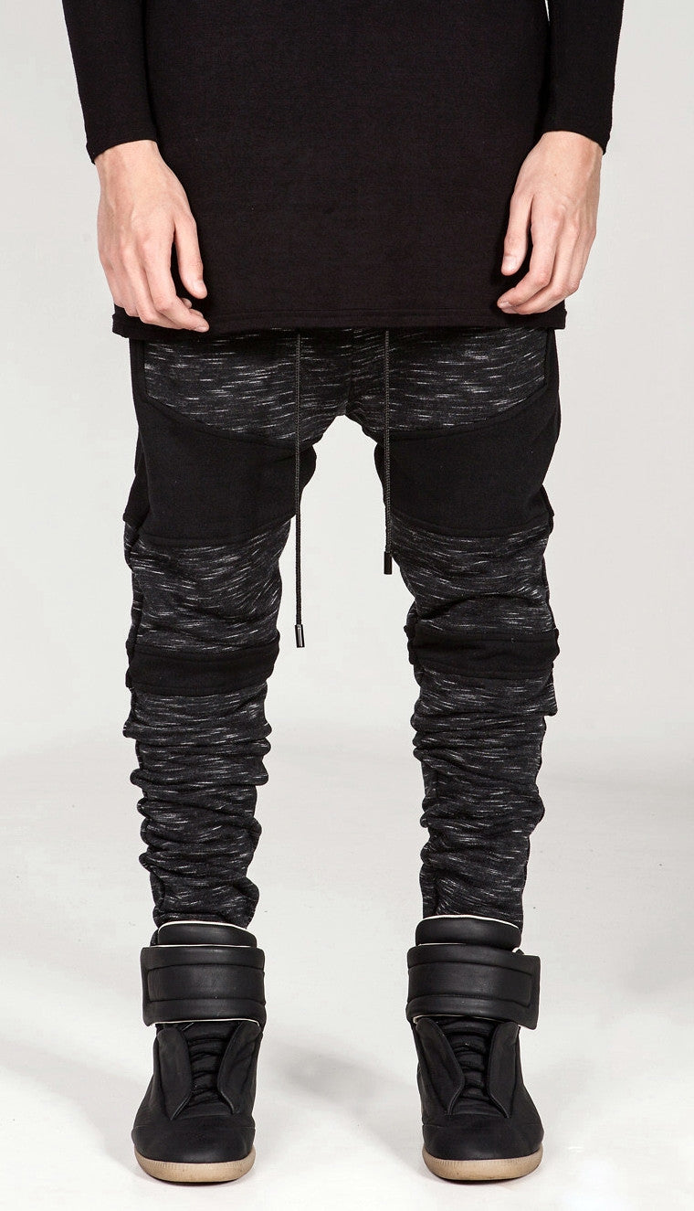 Men Biker Drop Crotch Shadow Joggers - Black Panel Elastic Band Trouser - Ofelya Boutique