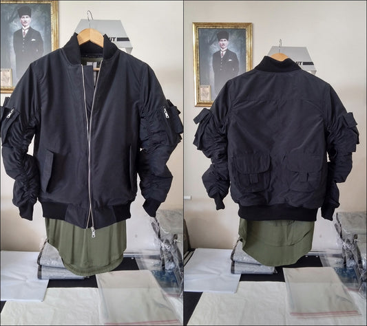 MA1 2 Back Pocket Fog Zipper Sleeves Quilted Bomber Jacket / Flight Jacket /Stich Lines on the Side Ways - Ofelya Boutique