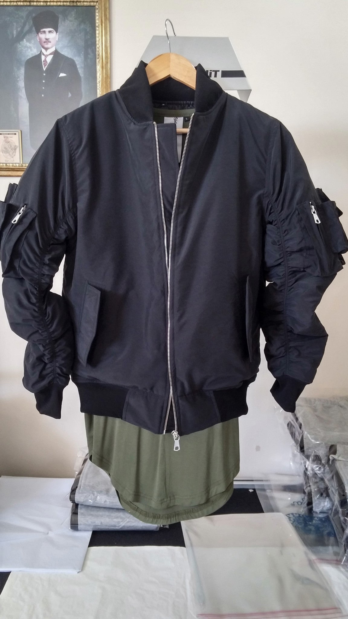 MA1 2 Back Pocket Fog Zipper Sleeves Quilted Bomber Jacket / Flight Jacket /Stich Lines on the Side Ways - Ofelya Boutique