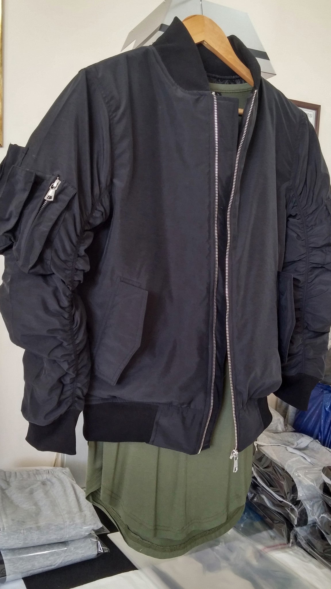 MA1 2 Back Pocket Fog Zipper Sleeves Quilted Bomber Jacket / Flight Jacket /Stich Lines on the Side Ways - Ofelya Boutique