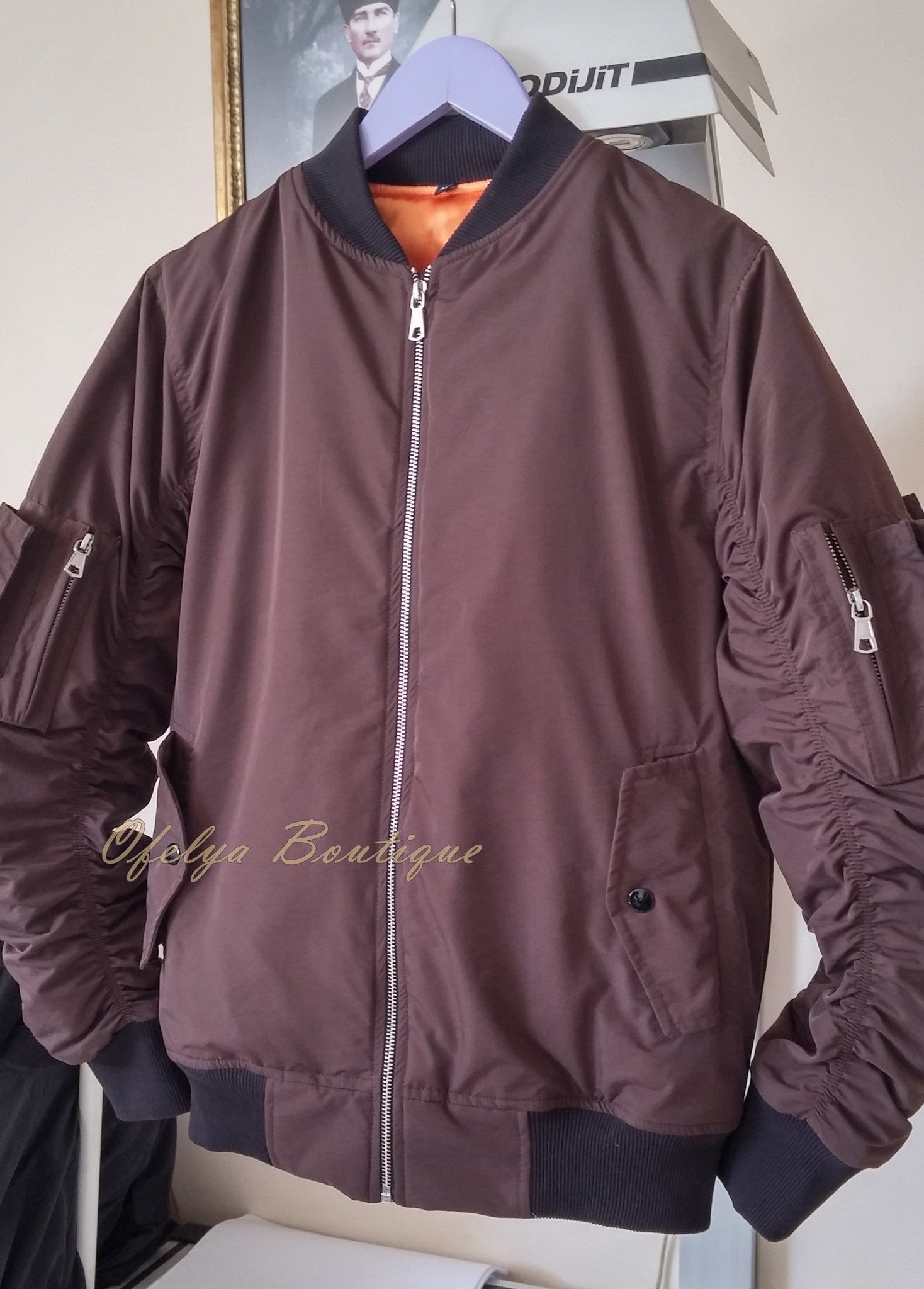 MA1 Brown with Orange Sateen Lining Back Pocket Fog Zipper Sleeves Quilted Bomber Jacket / Flight Jacket /Stich Lines on the Side Ways - Ofelya Boutique